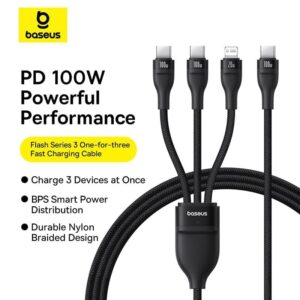 Baseus Flash Series 3 100W 1 for 3 Multi-Function Fast Charging Cable (Type-C to 2*Type-C+Lightning, 1.5m, 480Mbps)