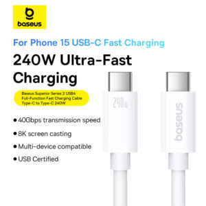 Baseus Cable Thunderbolt 4 Superior Series 2 USB4 8K 40gbps Full-Function Fast Charging Cable Type-C to Type-C 240W 1m Moon White -P10365200211-02