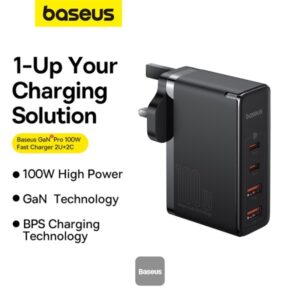 Baseus GaN5 Pro 100W 4 Port Fast Charger | 2 Type-C + 2 USB-A, UK Plug with 100W Fast Charging Data Cable Type-C (20V/5A) 1M -