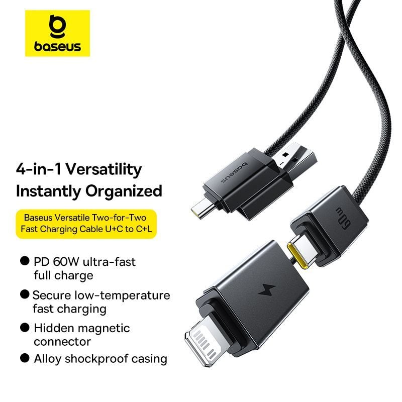 Baseus Versatile Two-for-Two U+C to C+L 60W (480Mbps) 4-in-1 Fast Charging Cable