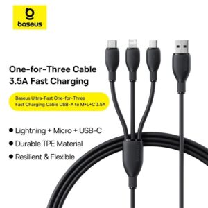 BASEUS Ultra-Fast 3 in 1 Fast Charging Cable USB to Micro USB Lightning USB-C 3.5A 1.3m
