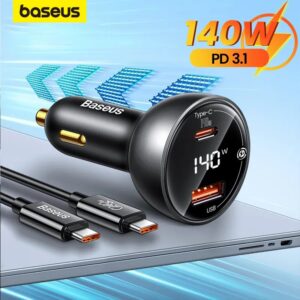 Baseus Digital Display PD3.1 Dual Fast Charger Car Charger U+C 140W Set Obsidian Black