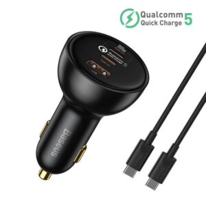 Baseus Qualcomm® Quick Charge™ 5 Technology Multi-Port Fast Charge Car Charger C+C+U 160W set Gray（with Baseus Xiaobai series fast charging Cable Type-C to Type-C 100W (20V/5A) 1m Black）
