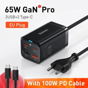 Baseus GaN3 Pro Desktop Fast Charger 2C+2U 65W EU Black(Include：Baseus Xiaobai series fast charging Cable Type-C to Type-C 100W(20V/5A) 1m Black）