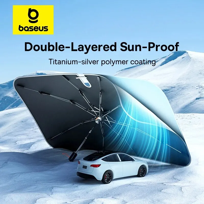 Baseus Upgraded Car Sunshade Double-Layer Silver-Coated Fabric Sun Shade Anti-UV Rays & Sun Heat Protection Umbrella for Car Windshield Compatible for SUVs 141cm x 76cm Large Size- Black