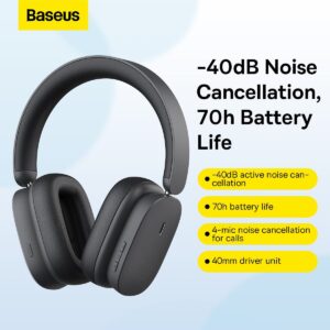 Baseus H1 Wireless Headphones Hybrid 40dB ANC 4-mics ENC Earphone Bluetooth 5.2 40mm Driver HiFi Over the Ear Headsets 70H Time