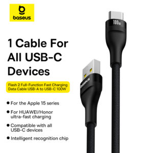 Baseus Flash 2 USB To Type-C Cable For Iphone 15 16 Series Samsung Pixel Oneplus Huawei Black